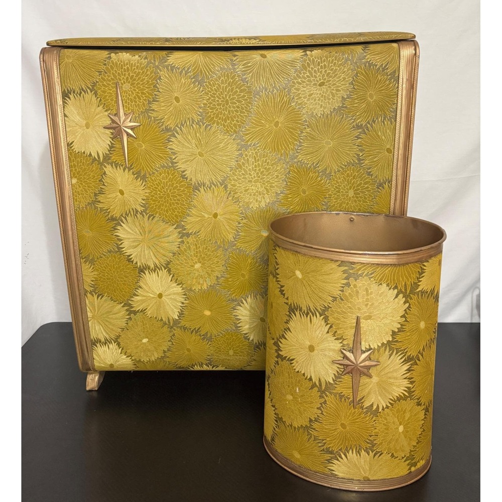Vintage Pearl-Wick MCM Gold Floral Hamper and Wastebasket Set Starburst MCM